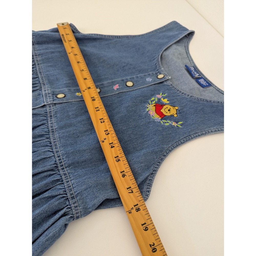 Disney Pooh Vintage 90s Blue Denim Button Front Embroidered Jumper Dress Large - Picture 5 of 9